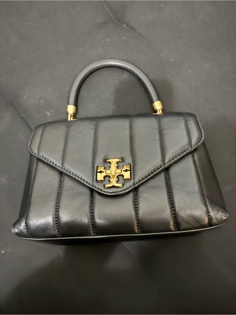 RARE Tory Burch Black Quilted Leather Top-Handle Satchel with Gold Logo